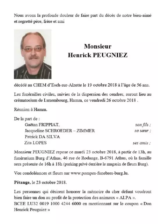 Traueranzeige für Henrick PEUGNIEZ