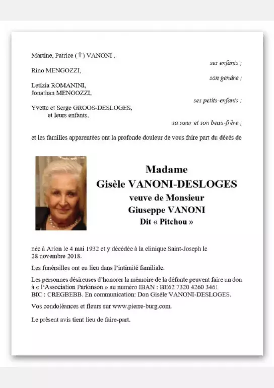 Traueranzeige für Gisèle VANONI-DESLOGES