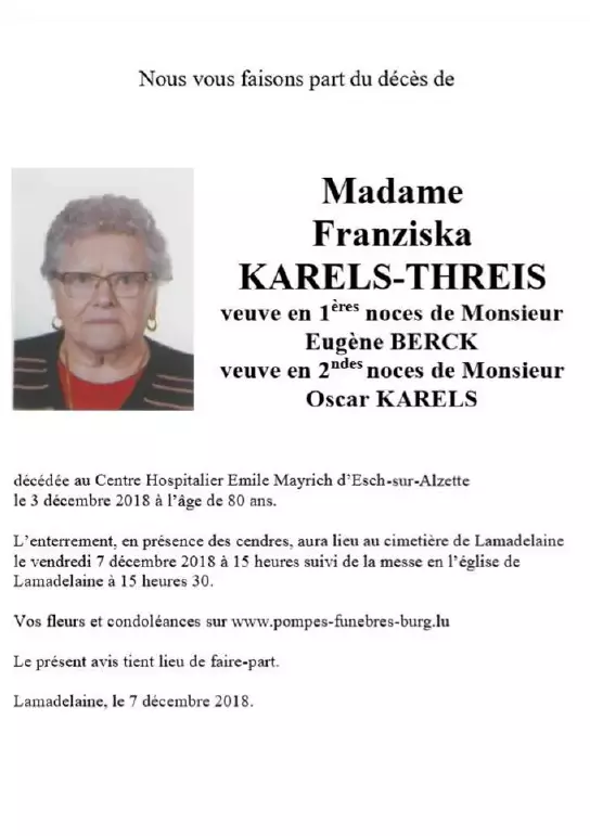 Traueranzeige für Franziska KARELS-THREIS