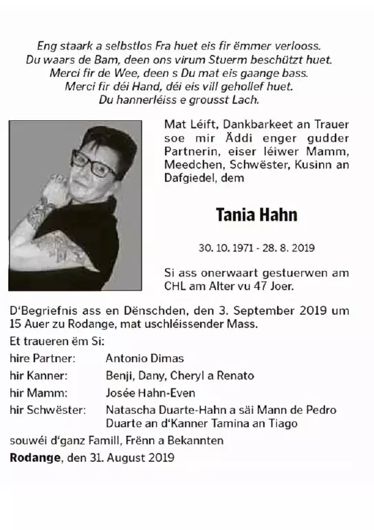 Traueranzeige für Tania Hahn