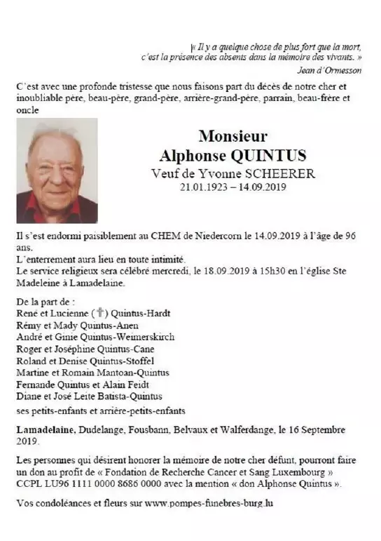 Traueranzeige für Alphonse QUINTUS