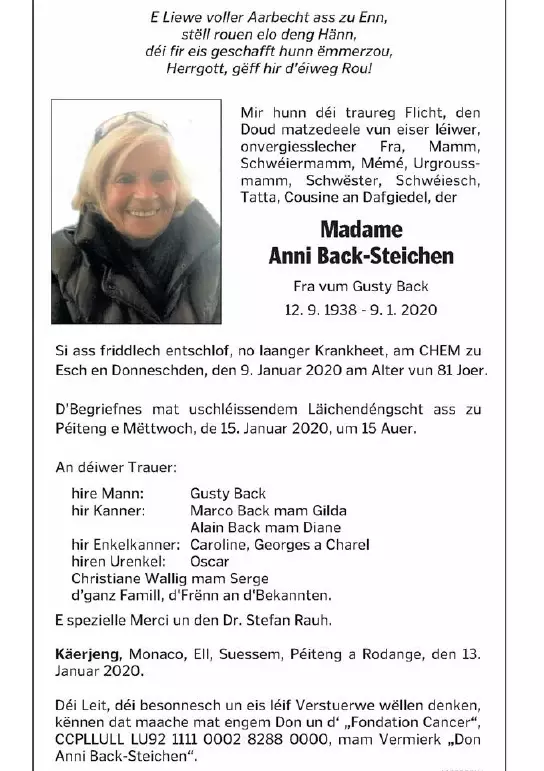 Traueranzeige für Anni Back Steichen
