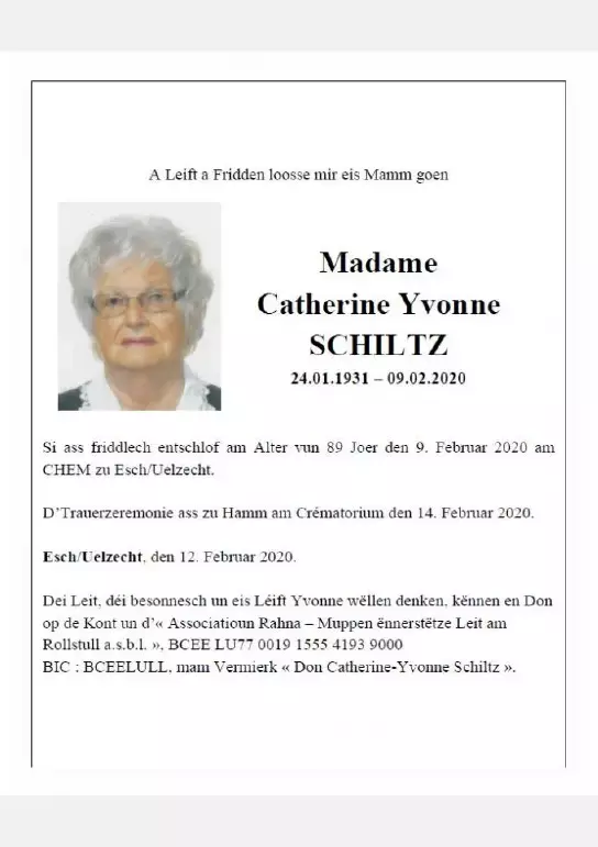 Traueranzeige für Catherine Yvonne SCHILTZ