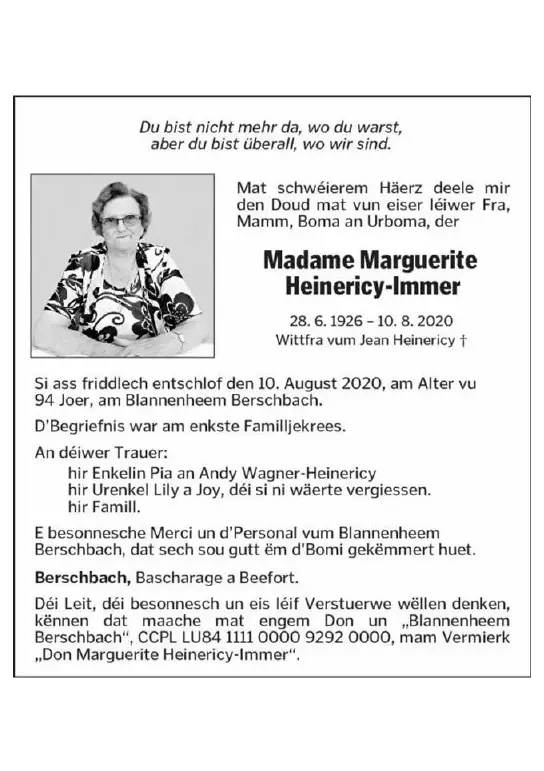 Traueranzeige für Margurerite Heinericy-Immer