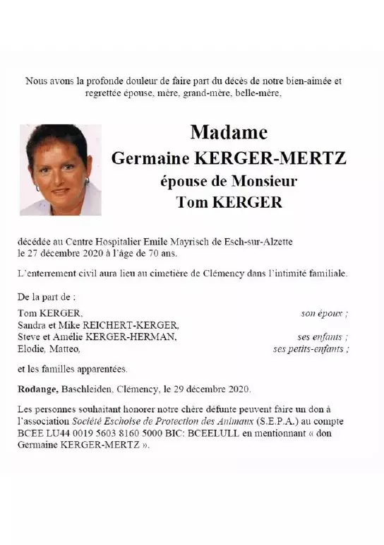 Traueranzeige für Germaine KERGER-MERTZ