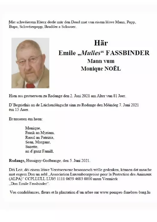 Traueranzeige für Emile „Mulles" FASSBINDER
