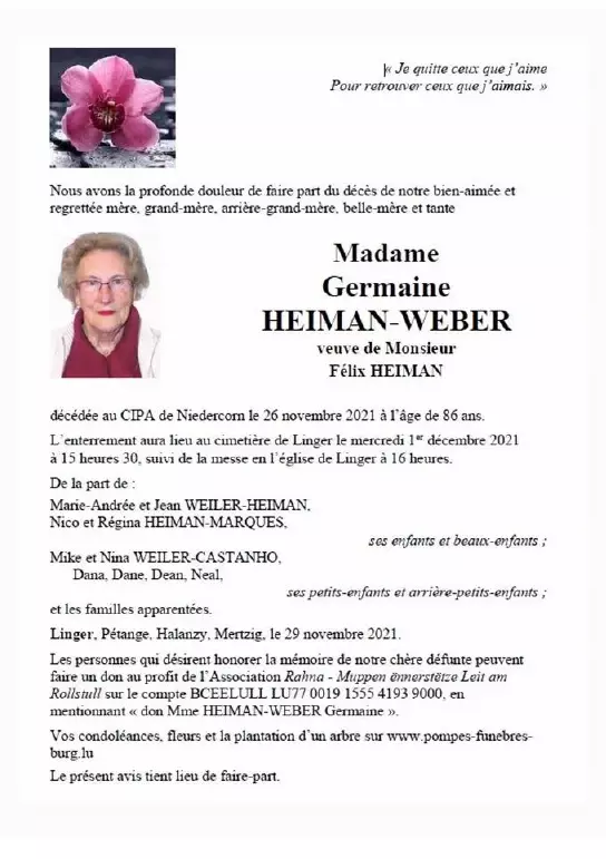 Traueranzeige für Germaine HEIMAN-WEBER