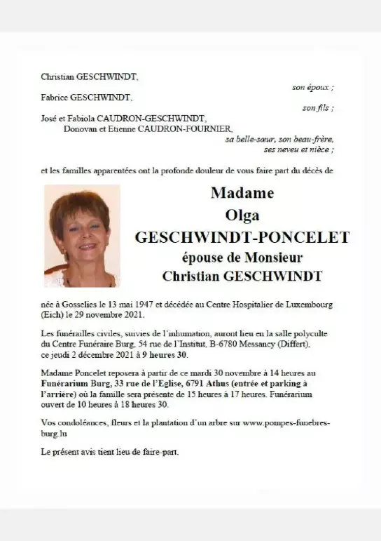 Traueranzeige für Olga GESCHWINDT-PONCELET
