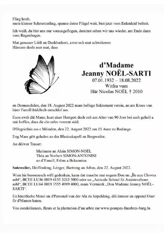 Traueranzeige für Jeanny Noël.Sarti