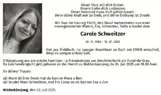 Traueranzeige für Carole Schweitzer
