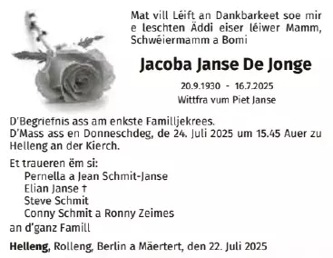 Traueranzeige für Jacoba Janse De Jonge