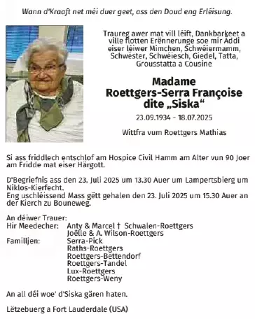 Traueranzeige für Françoise Roettgers-Serra
