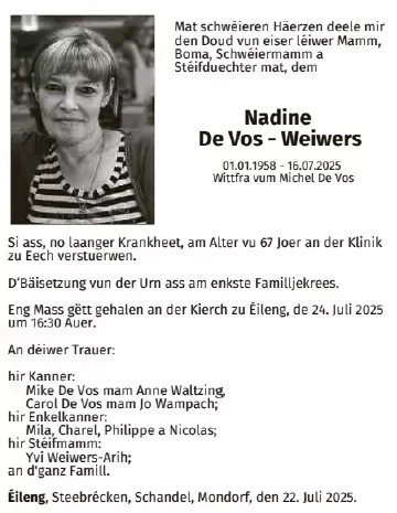 Traueranzeige für Nadine De Vos-Weiwers