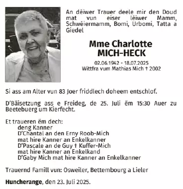 Traueranzeige für Charlotte Mich-Heck