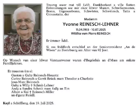 Traueranzeige für Yvonne Reinesch-Lehner