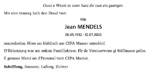 Traueranzeige für Jean Mendels