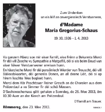 Traueranzeige für Maria Gregorius-Schaus