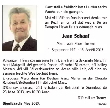 Traueranzeige für Jean Schaaf