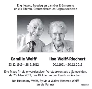 Traueranzeige für Camille Wolff Ilse Wolff Riechert