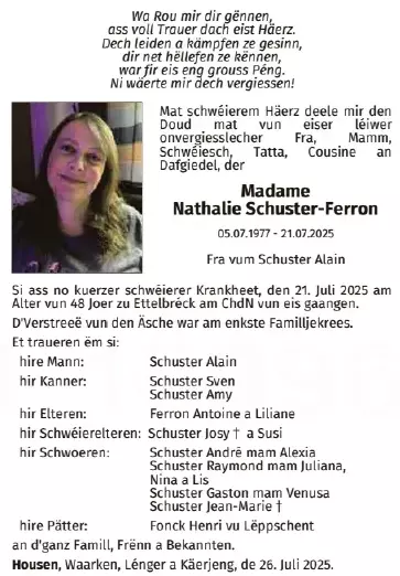 Traueranzeige für Nathalie Schuster-Ferron