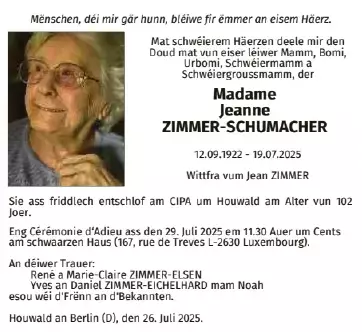 Traueranzeige für Jeanne Zimmer-Schumacher
