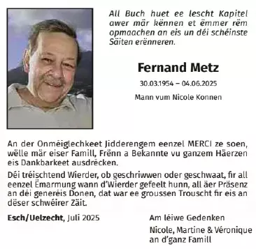 Traueranzeige für Fernand Metz