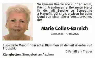Traueranzeige für Marie Colles-Barnich