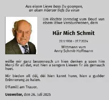 Traueranzeige für Mich Schmit