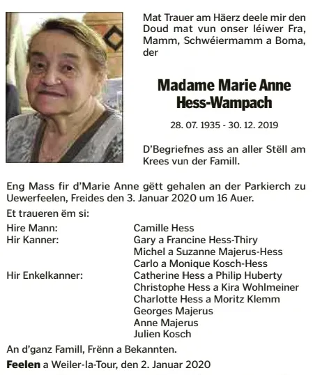 Traueranzeige für Marie Anne Hess-Wampach