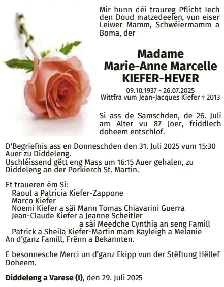 Traueranzeige für Marie-Anne Marcelle Kiefer-Hever
