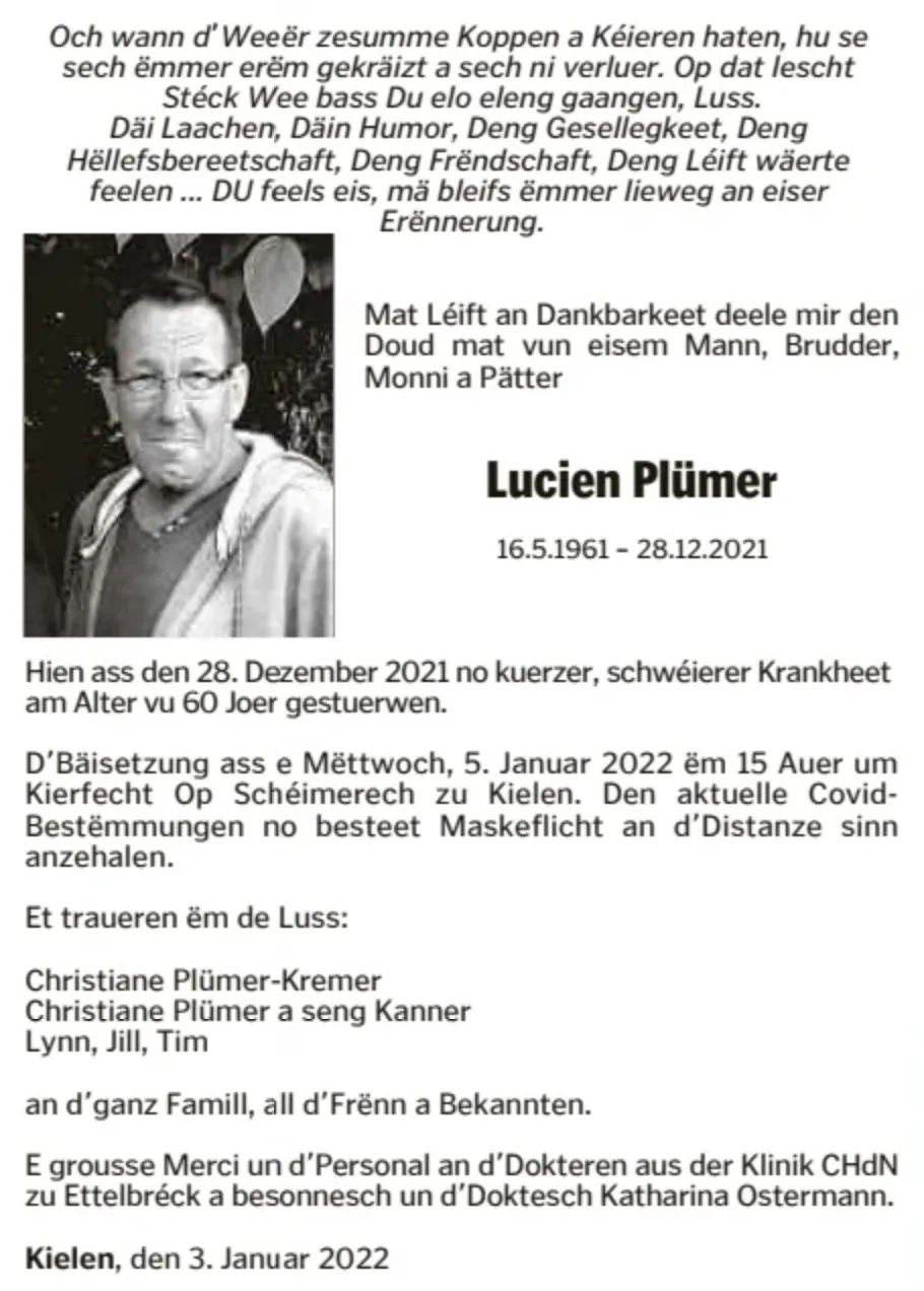 Traueranzeige für Lucien Plümer