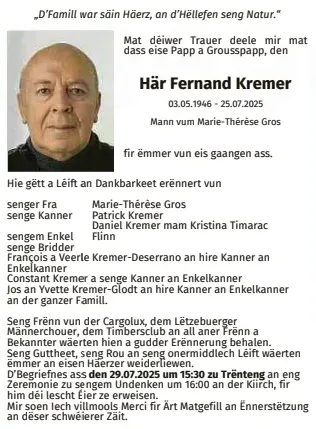 Traueranzeige für Fernand Kremer