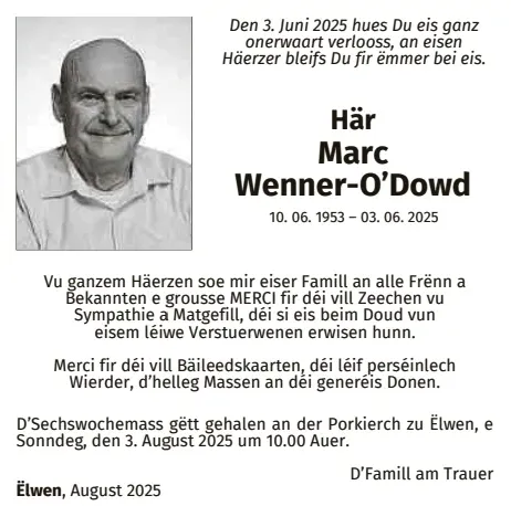 Traueranzeige für Marc Wenner-O´Dowd