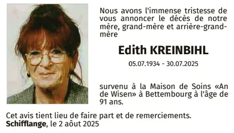 Traueranzeige für Edith Kreinbihl