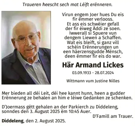Traueranzeige für Armand Lickes