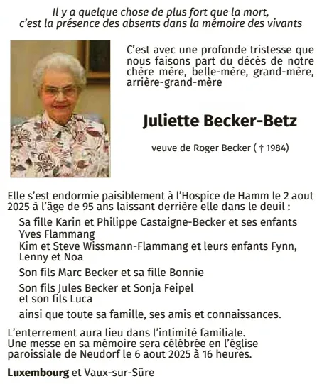 Traueranzeige für Juliette Becker-Betz