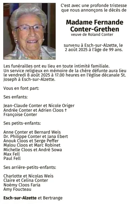 Traueranzeige für Fernande Conter-Grethen