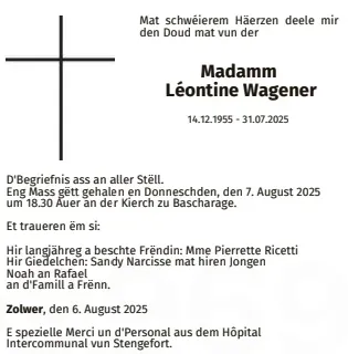 Traueranzeige für Léontine Wagener