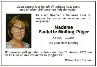 Traueranzeige für Paulette Molling-Pilger