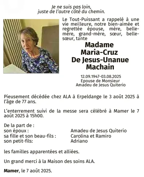 Traueranzeige für Maria-Cruz De Jesus-Unanue Machain