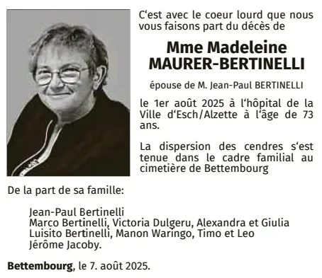 Traueranzeige für Madeleine Maurer-Bertinelli