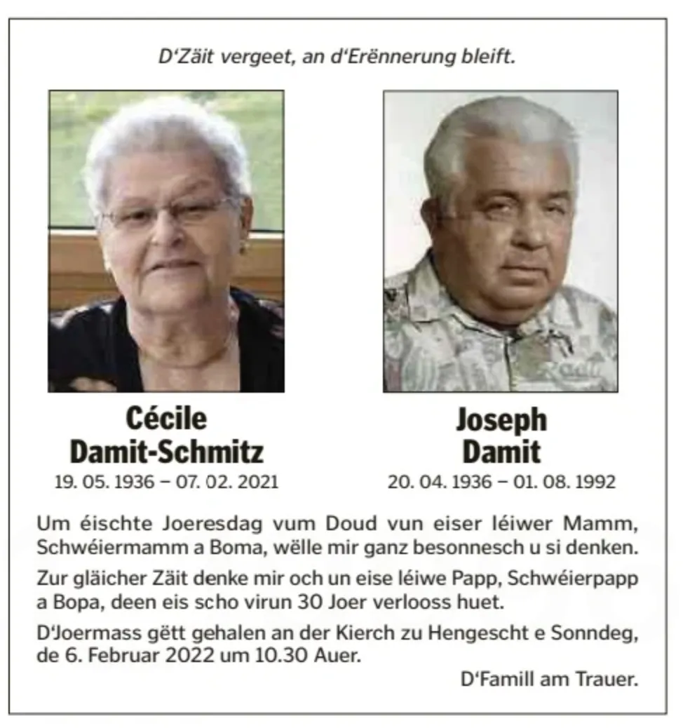 Traueranzeige für Joseph Damit Cécile Damit-Schmitz
