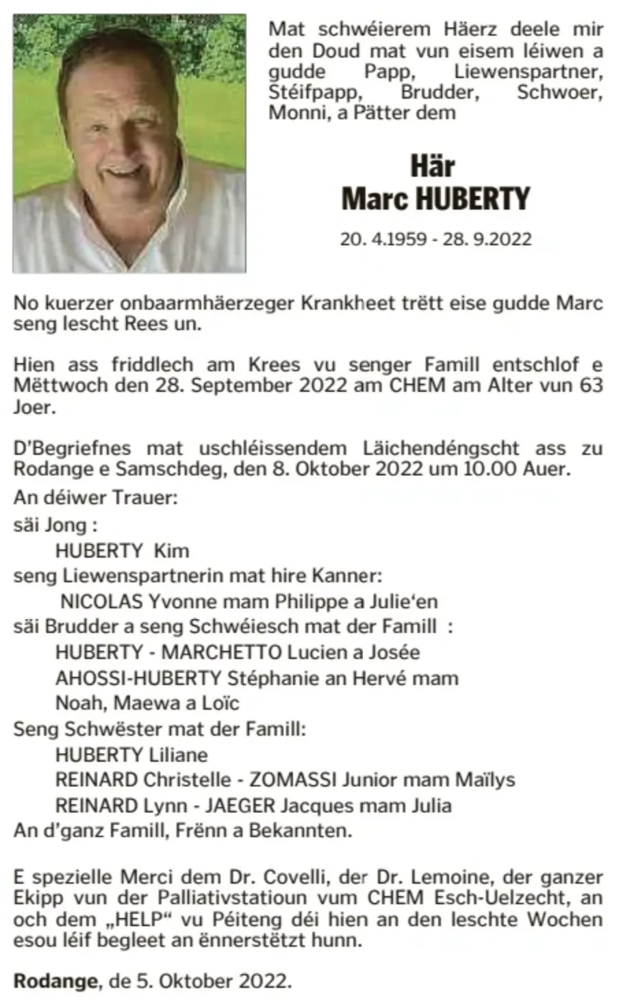 Traueranzeige für Marc Huberty