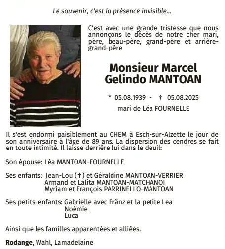 Traueranzeige für Marcel Gelindo Mantoan