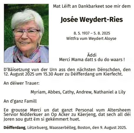Traueranzeige für Josée Weydert-Ries