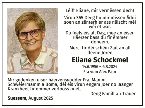 Traueranzeige für Eliane Schockmel