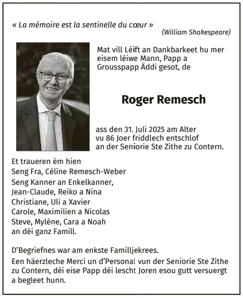 Traueranzeige für Roger Remesch