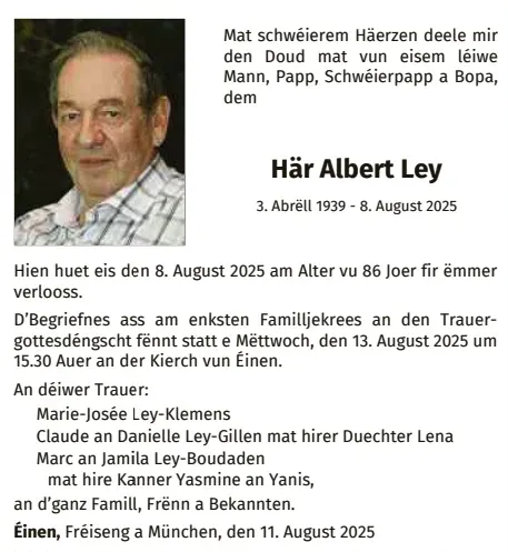 Traueranzeige für Albert Ley