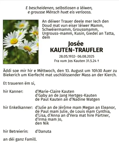 Traueranzeige für Josée Kauten-Traufler