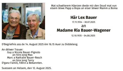 Traueranzeige für Lex Bauer Ria Bauer-Wagener